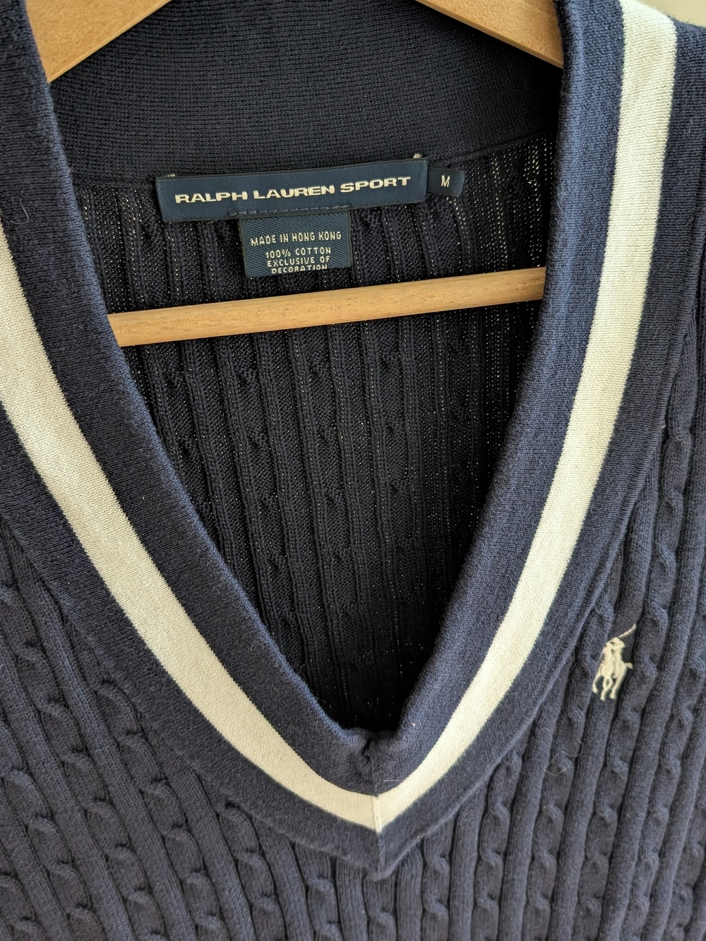 Vintage Ralph Lauren Varsity Striped Cable Knit V-neck Polo Tee In Navy/White - Picture 3 of 5